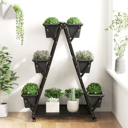 3-Tier Vertical Raised Garden Bed with 4 Wheels and 6 Container Boxes-Black - Color: Black - Size: 3-Tier