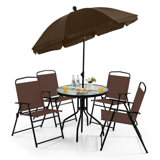 6 Pieces Patio Dining Set Folding Chairs Glass Table Tilt Umbrella for Garden-Coffee - Color: Coffee