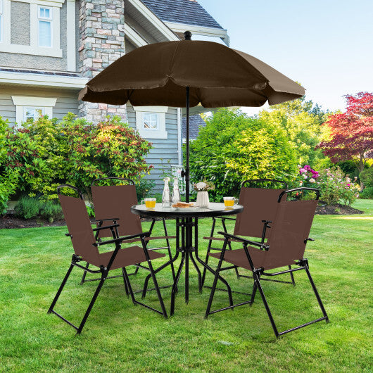 6 Pieces Patio Dining Set Folding Chairs Glass Table Tilt Umbrella for Garden-Coffee - Color: Coffee