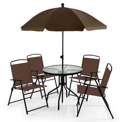 6 Pieces Patio Dining Set Folding Chairs Glass Table Tilt Umbrella for Garden-Coffee - Color: Coffee