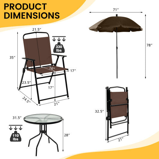 6 Pieces Patio Dining Set Folding Chairs Glass Table Tilt Umbrella for Garden-Coffee - Color: Coffee