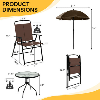 6 Pieces Patio Dining Set Folding Chairs Glass Table Tilt Umbrella for Garden-Coffee - Color: Coffee