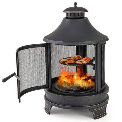 30 Inch Outdoor Fire Pit Chiminea with Grill for Garden BBQ - Color: Black