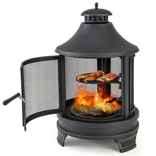 30 Inch Outdoor Fire Pit Chiminea with Grill for Garden BBQ - Color: Black