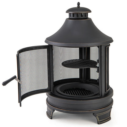 30 Inch Outdoor Fire Pit Chiminea with Grill for Garden BBQ - Color: Black