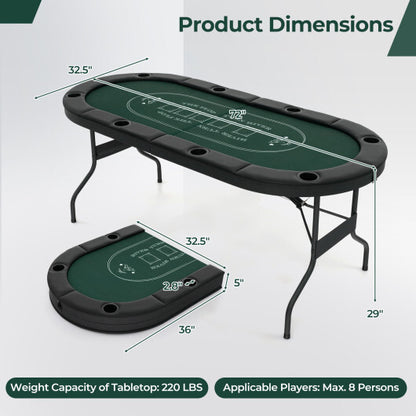 72 Inch Foldable Poker Table for 8 Players Portable Oval Card Board Game Table-Green - Color: Green