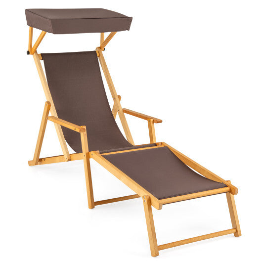 Birch Wood Chaise Lounge Chair Foldable Beach Chair with Adjustable Canopy-Brown - Color: Brown