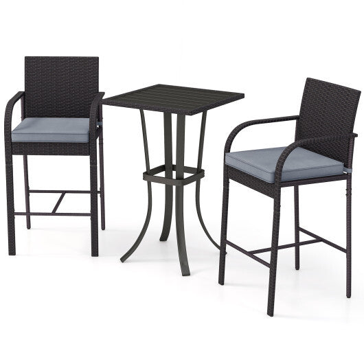 3-Piece Patio Wicker Rattan Bar Height Chairs and Square Table Set-Black - Color: Black