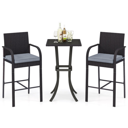 3-Piece Patio Wicker Rattan Bar Height Chairs and Square Table Set-Black - Color: Black