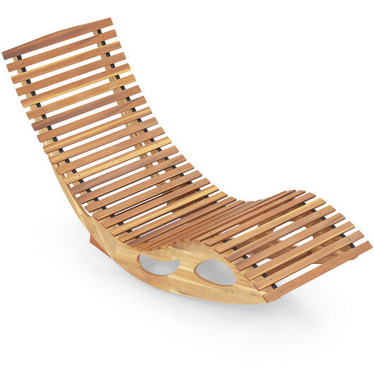 Acacia Wood Patio Rocking Sun Lounger Chaise Lounge with Ergonomic Curved Seat - Color: Natural