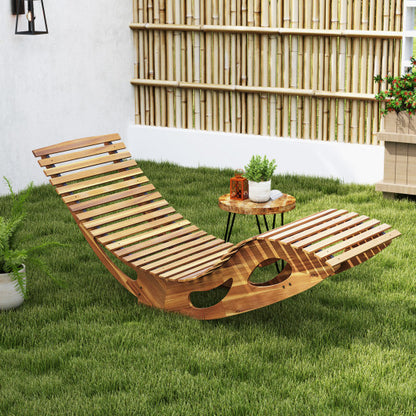 Acacia Wood Patio Rocking Sun Lounger Chaise Lounge with Ergonomic Curved Seat - Color: Natural