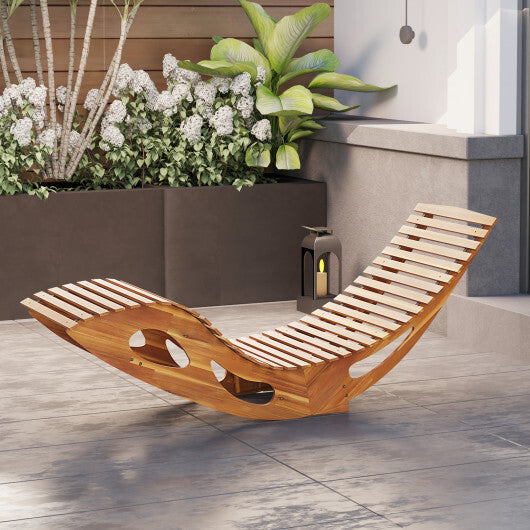 Acacia Wood Patio Rocking Sun Lounger Chaise Lounge with Ergonomic Curved Seat - Color: Natural