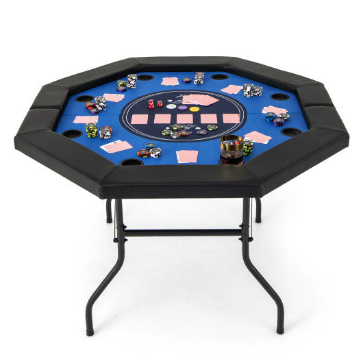 48 Inches Foldable Poker Table with Padded Rails and Cup Holders-Blue - Color: Blue