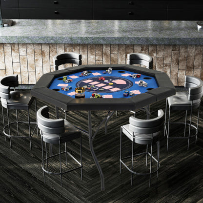 48 Inches Foldable Poker Table with Padded Rails and Cup Holders-Blue - Color: Blue