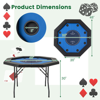 48 Inches Foldable Poker Table with Padded Rails and Cup Holders-Blue - Color: Blue