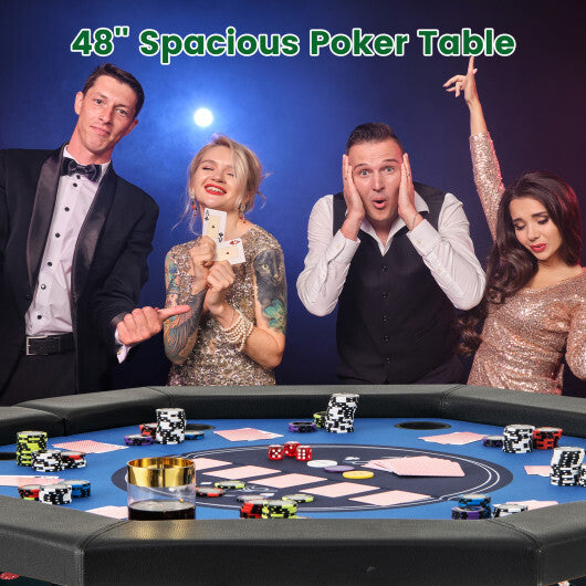 48 Inches Foldable Poker Table with Padded Rails and Cup Holders-Blue - Color: Blue