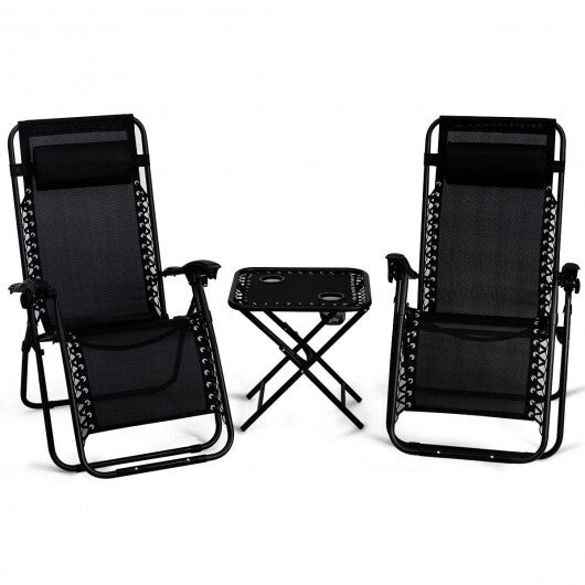 3 Pieces Folding Portable Zero Gravity Reclining Lounge Chairs Table Set-Black - Color: Black