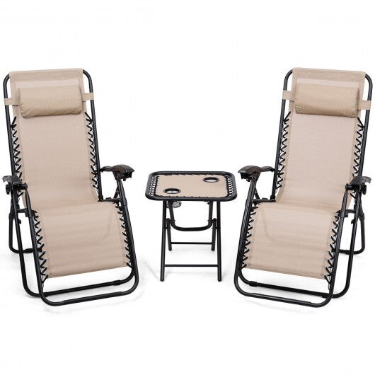 3 Pieces Folding Portable Zero Gravity Reclining Lounge Chairs Table Set-Beige - Color: Beige