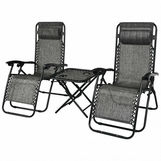 3 Pieces Folding Portable Zero Gravity Reclining Lounge Chairs Table Set-Gray - Color: Gray