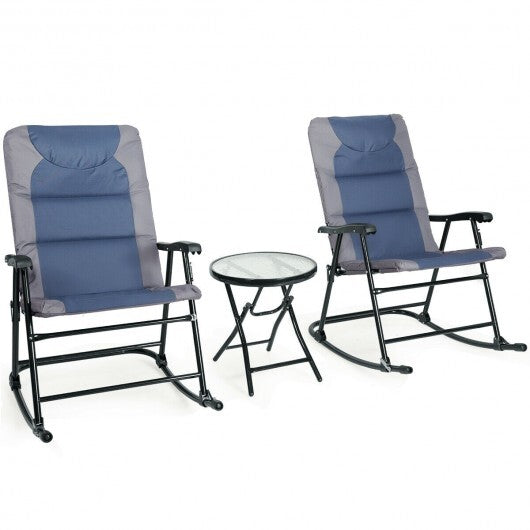 3 Pcs Outdoor Folding Rocking Chair Table Set with Cushion-Blue - Color: Blue