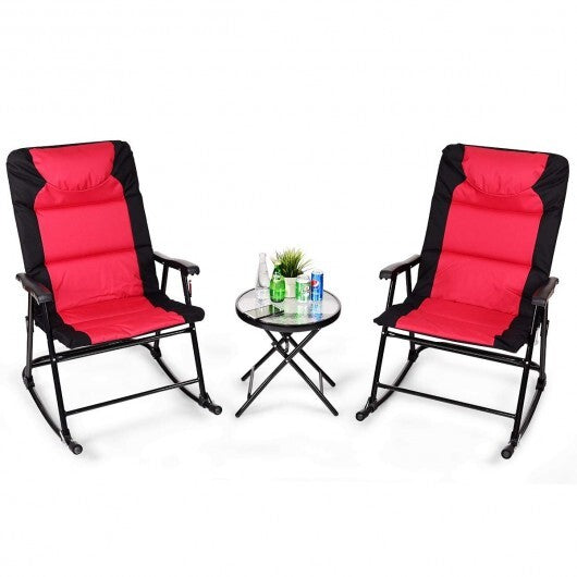 3 Pcs Outdoor Folding Rocking Chair Table Set with Cushion-Black&Red - Color: Red