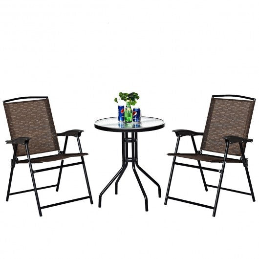 3 Pieces Bistro Patio Garden Furniture Set with Round Table and Folding Chairs - Color: Brown