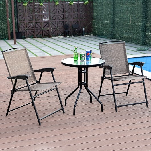 3 Pieces Bistro Patio Garden Furniture Set with Round Table and Folding Chairs - Color: Brown