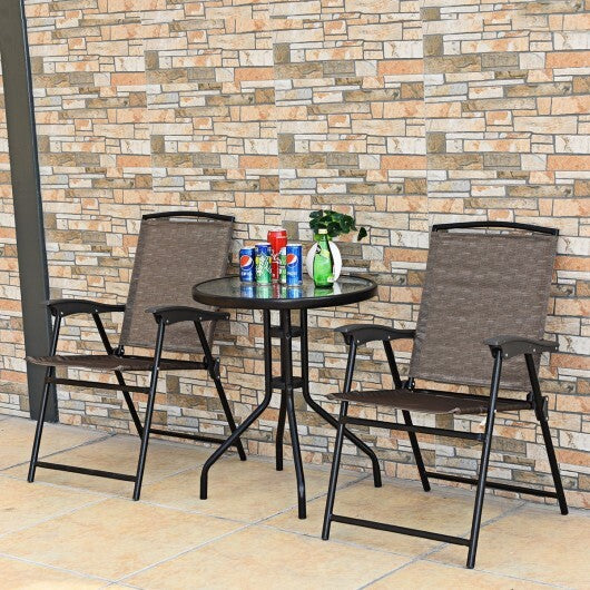 3 Pieces Bistro Patio Garden Furniture Set with Round Table and Folding Chairs - Color: Brown