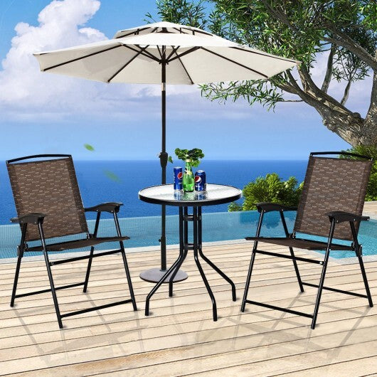 3 Pieces Bistro Patio Garden Furniture Set with Round Table and Folding Chairs - Color: Brown