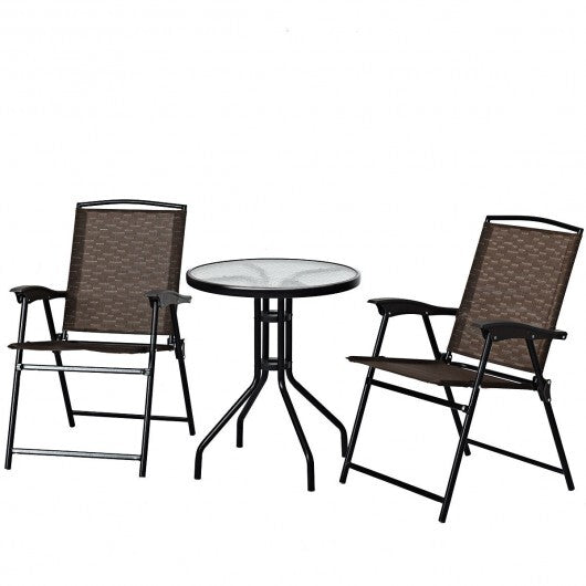 3 Pieces Bistro Patio Garden Furniture Set with Round Table and Folding Chairs - Color: Brown