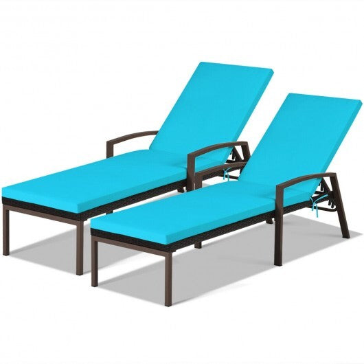 2 Pieces Patio Rattan Adjustable Back Lounge Chair with Armrest and Removable Cushions-Turquoise - Color: Turquoise