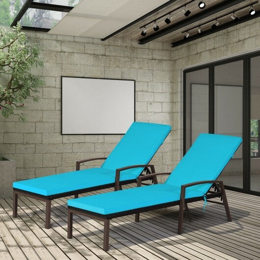 2 Pieces Patio Rattan Adjustable Back Lounge Chair with Armrest and Removable Cushions-Turquoise - Color: Turquoise