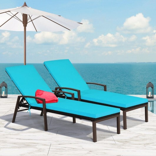 2 Pieces Patio Rattan Adjustable Back Lounge Chair with Armrest and Removable Cushions-Turquoise - Color: Turquoise