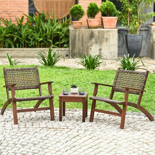 3 Pieces Outdoor Wooden Patio Rattan Furniture Set - Color: Brown