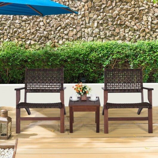 3 Pieces Outdoor Wooden Patio Rattan Furniture Set - Color: Brown