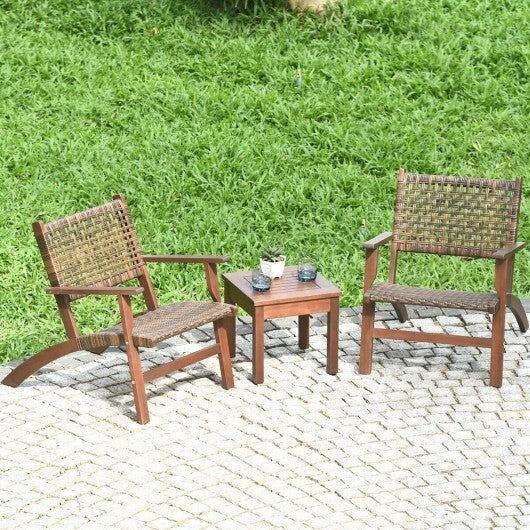 3 Pieces Outdoor Wooden Patio Rattan Furniture Set - Color: Brown