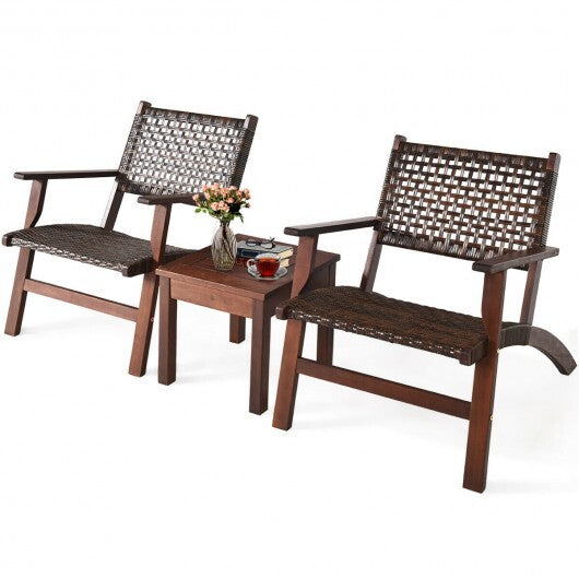 3 Pieces Outdoor Wooden Patio Rattan Furniture Set - Color: Brown