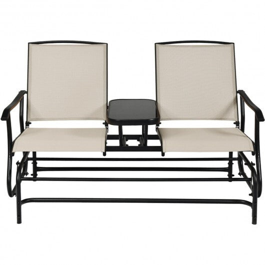 2-Person Rocking Loveseat with Mesh Fabric and Tempered Glass Table - Color: Beige