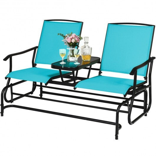 2-Person Double Rocking Loveseat with Mesh Fabric and Center Tempered Glass Table-Turquoise - Color: Turquoise