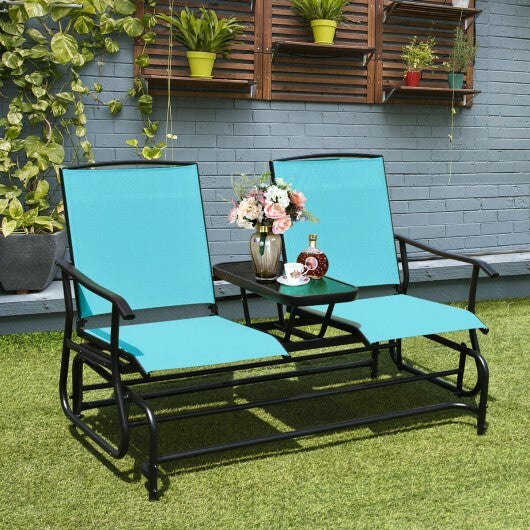 2-Person Double Rocking Loveseat with Mesh Fabric and Center Tempered Glass Table-Turquoise - Color: Turquoise