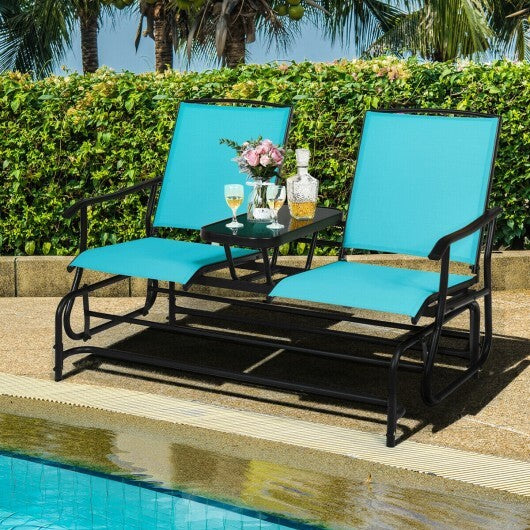 2-Person Double Rocking Loveseat with Mesh Fabric and Center Tempered Glass Table-Turquoise - Color: Turquoise