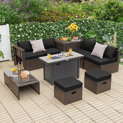 9 Pieces Outdoor Patio Furniture Set with 42 Inch Propane Fire Pit Table-Black - Color: Black