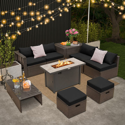 9 Pieces Outdoor Patio Furniture Set with 42 Inch Propane Fire Pit Table-Black - Color: Black