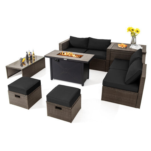 9 Pieces Outdoor Patio Furniture Set with 42 Inch Propane Fire Pit Table-Black - Color: Black