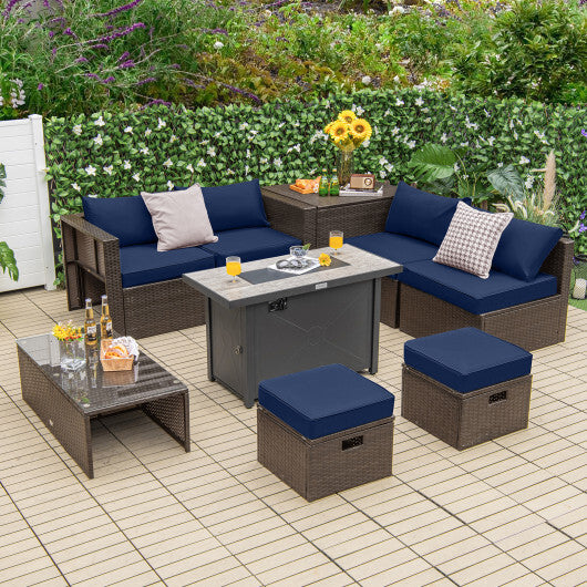 9 Pieces Outdoor Patio Furniture Set with 42 Inch Propane Fire Pit Table-Navy - Color: Navy