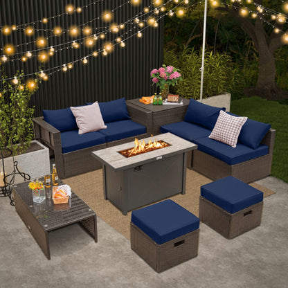 9 Pieces Outdoor Patio Furniture Set with 42 Inch Propane Fire Pit Table-Navy - Color: Navy