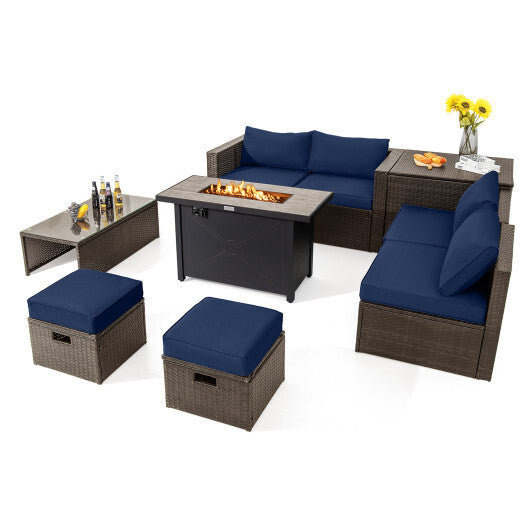 9 Pieces Outdoor Patio Furniture Set with 42 Inch Propane Fire Pit Table-Navy - Color: Navy