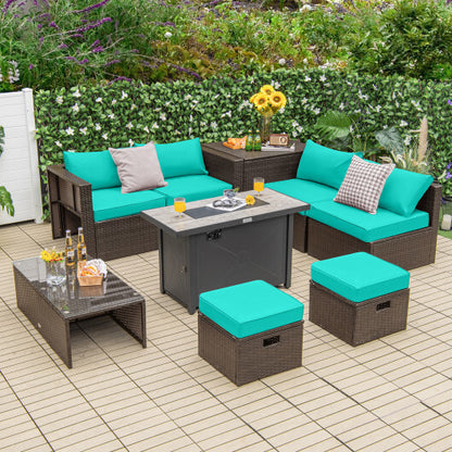 9 Pieces Outdoor Patio Furniture Set with 42 Inch Propane Fire Pit Table-Turquoise - Color: Turquoise