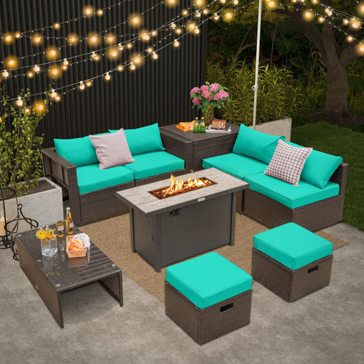 9 Pieces Outdoor Patio Furniture Set with 42 Inch Propane Fire Pit Table-Turquoise - Color: Turquoise