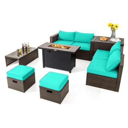 9 Pieces Outdoor Patio Furniture Set with 42 Inch Propane Fire Pit Table-Turquoise - Color: Turquoise